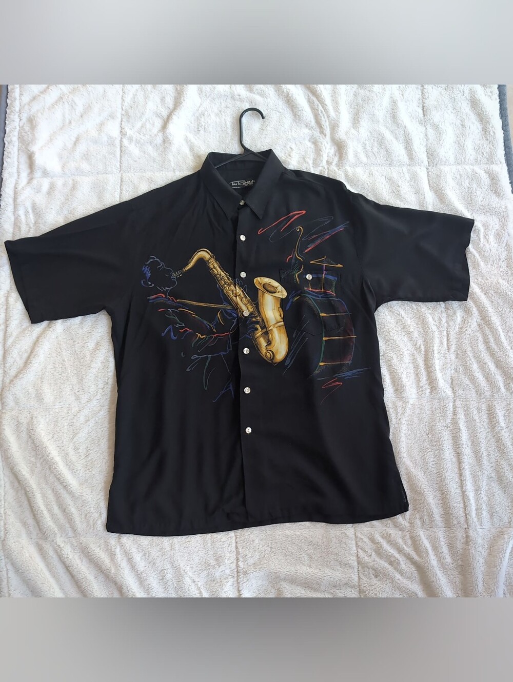 Vintage Tori Richard Jazz Saxophone Short Sleeve Hawaii Made Button Up Shirt, XL